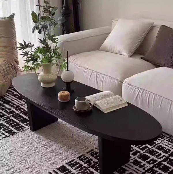 Mid Century Black Oval Solid Wood Coffee Table