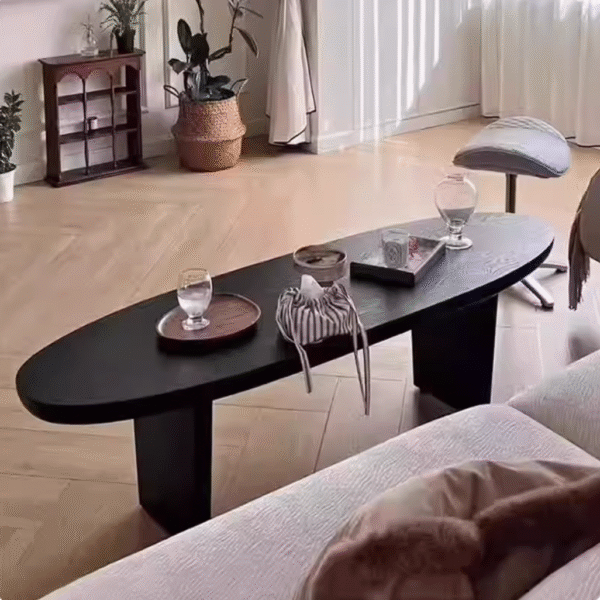 Mid Century Black Oval Solid Wood Coffee Table